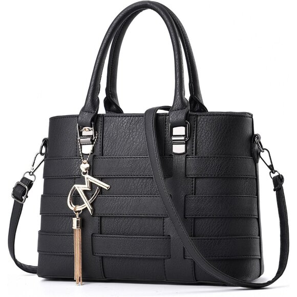PU Leather Weave Black Shoulder Bag for Women Elegant Top Handle Designer Purse - Picture 1 of 8
